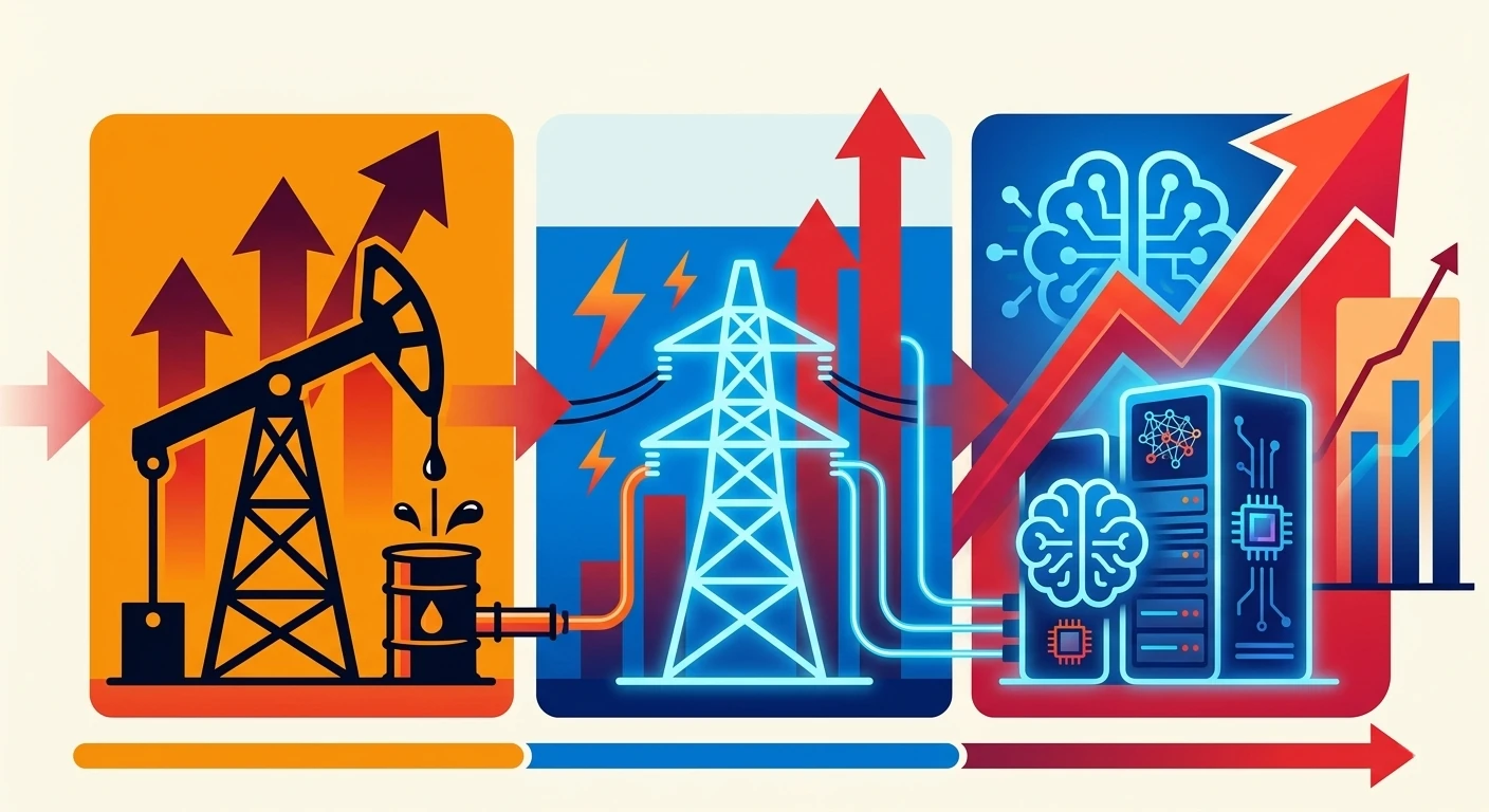 Vista aérea de un gran centro de datos junto a líneas eléctricas al atardecer